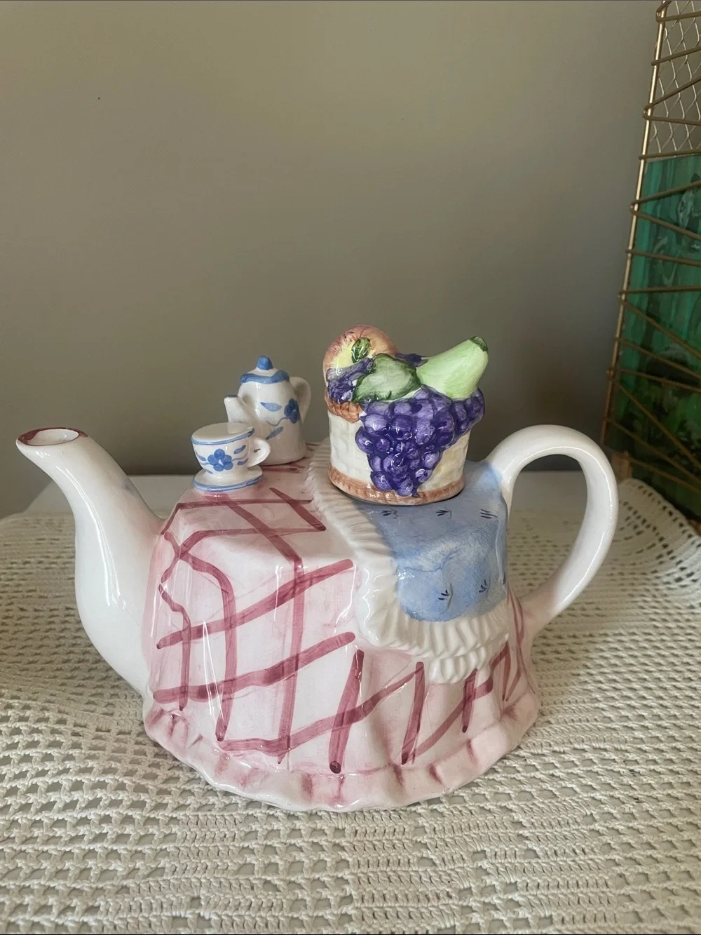 Decorative Ceramic Fruit Teapot in White, Pink and Blue